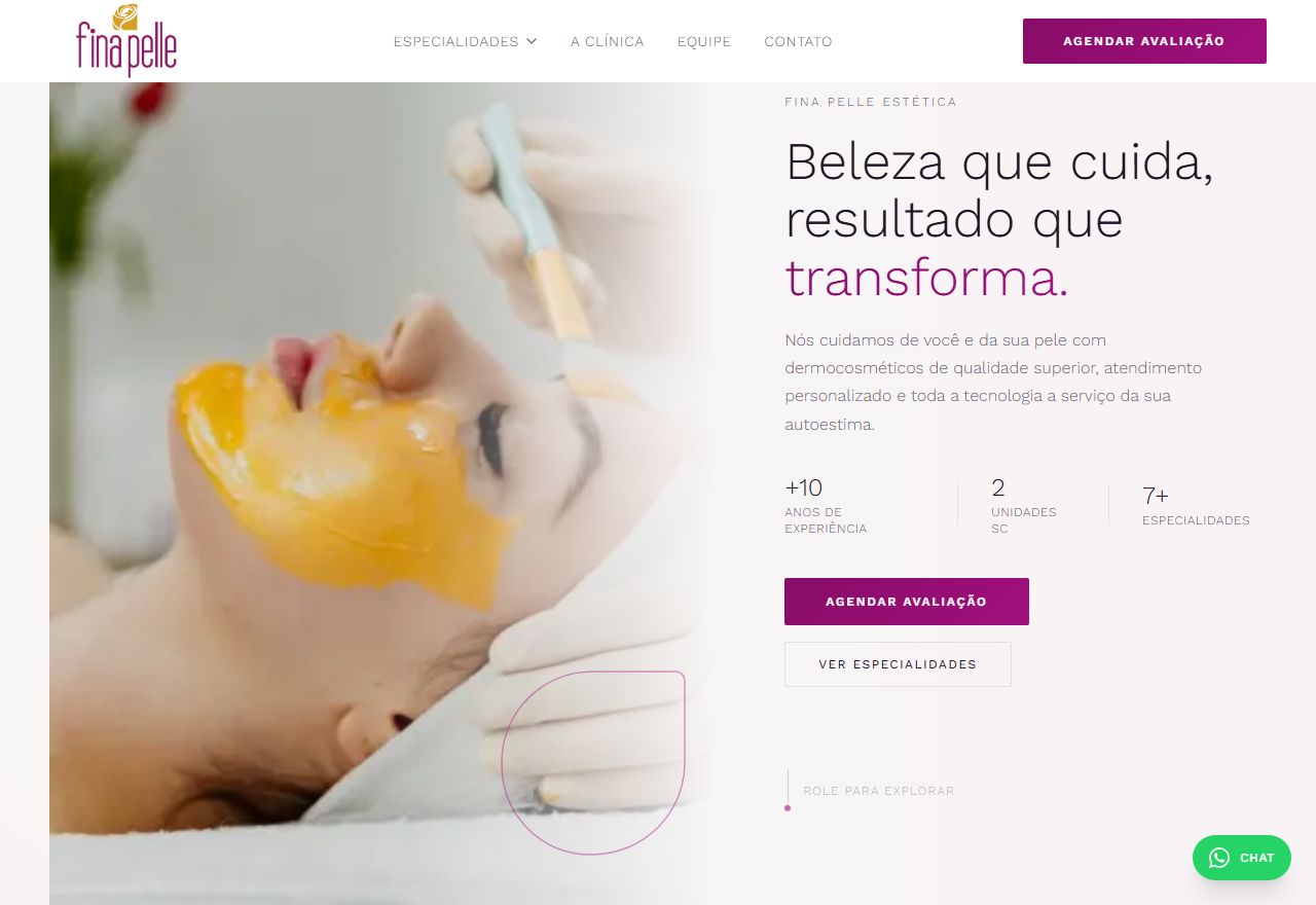 Página inicial do site da Fina Pelle Estética
