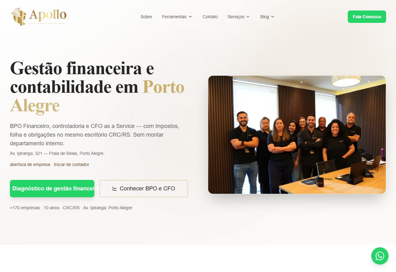 Página inicial do site da Apollo Contabilidade