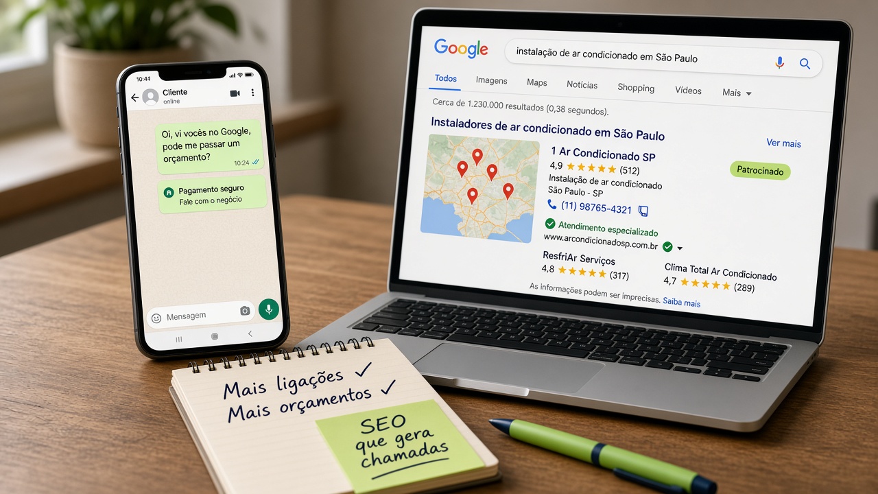 Notebook com Google e celular com WhatsApp pedindo orçamento — SEO que gera chamadas