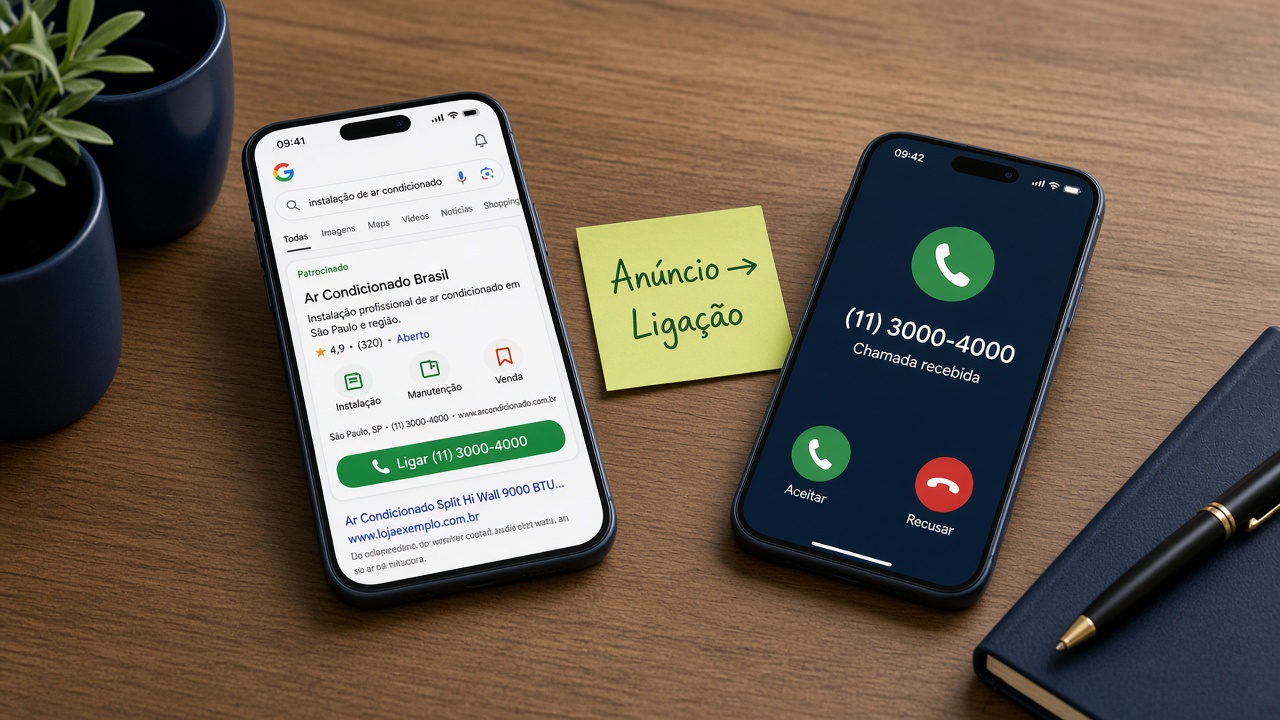 Celular com anúncio no Google e chamada — anúncio que vira ligação