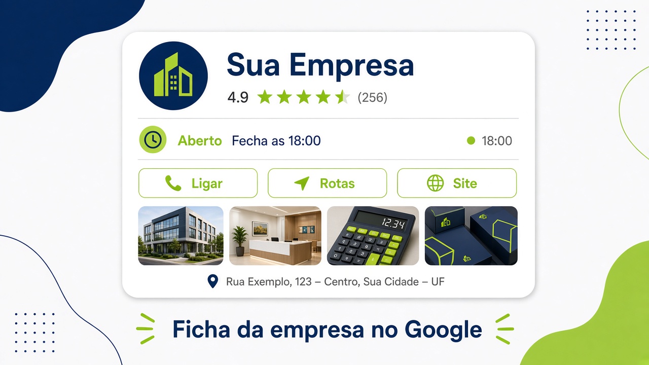 Ficha da empresa no Google Maps com nota, fotos e botões Ligar e Rotas